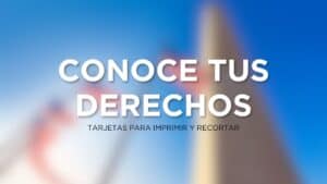 White text on a blurred blue and beige background reads: "Conoce tus derechos. Consulta criminal defense lawyers Louisiana. Tarjetas para imprimir y recortar.
