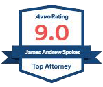 Shield-shaped badge displaying Avvo Rating 9.0 with James A. Spokes named as Top Attorney.