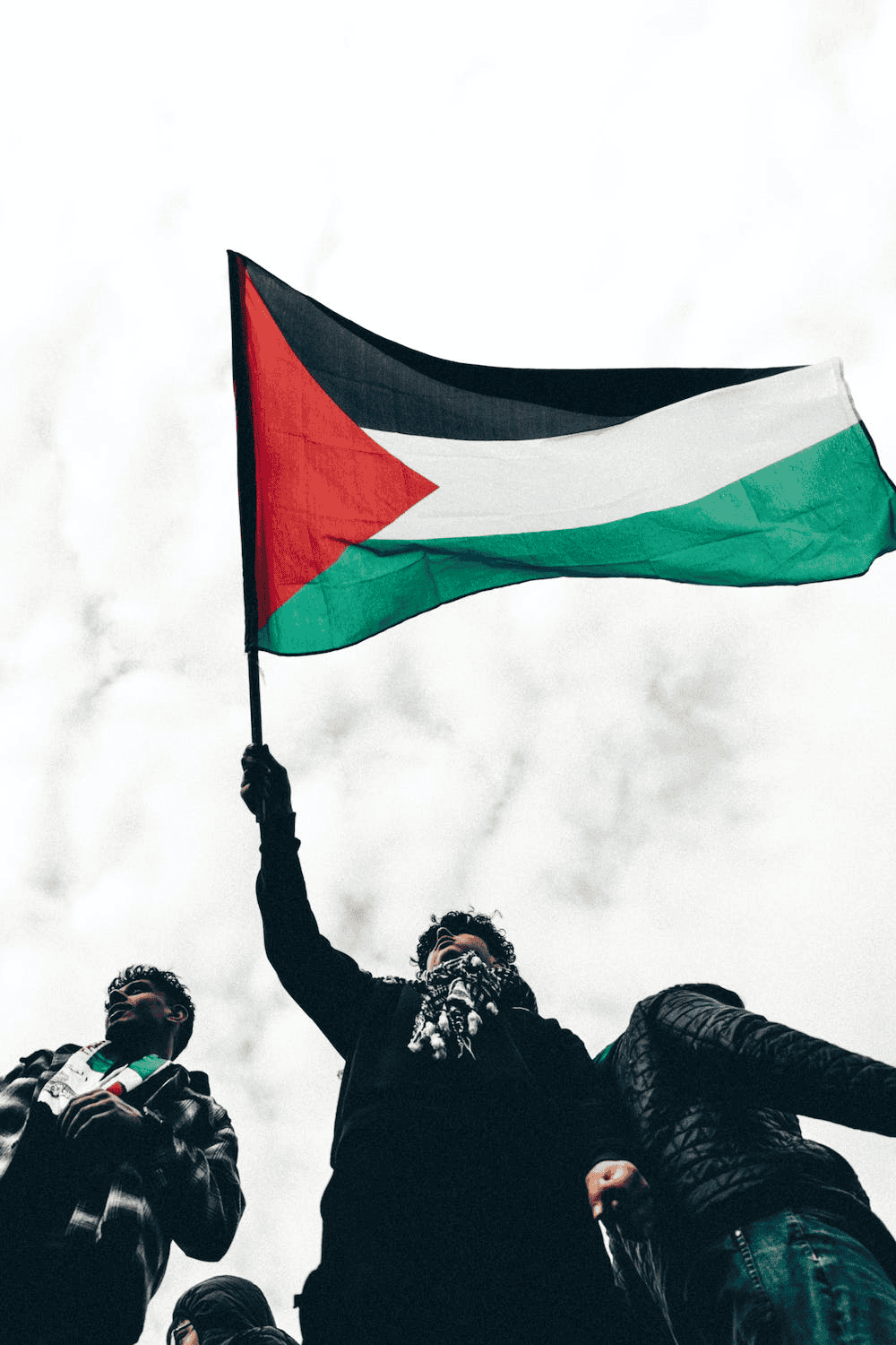 Person holding the Palestinian flag outdoors under a cloudy sky, with two others nearby—brought to you by Louisiana immigration lawyers.