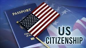 A US passport and small American flag beside "US Citizenship" on blue—ideal for louisiana immigration lawyers' promotional needs.
