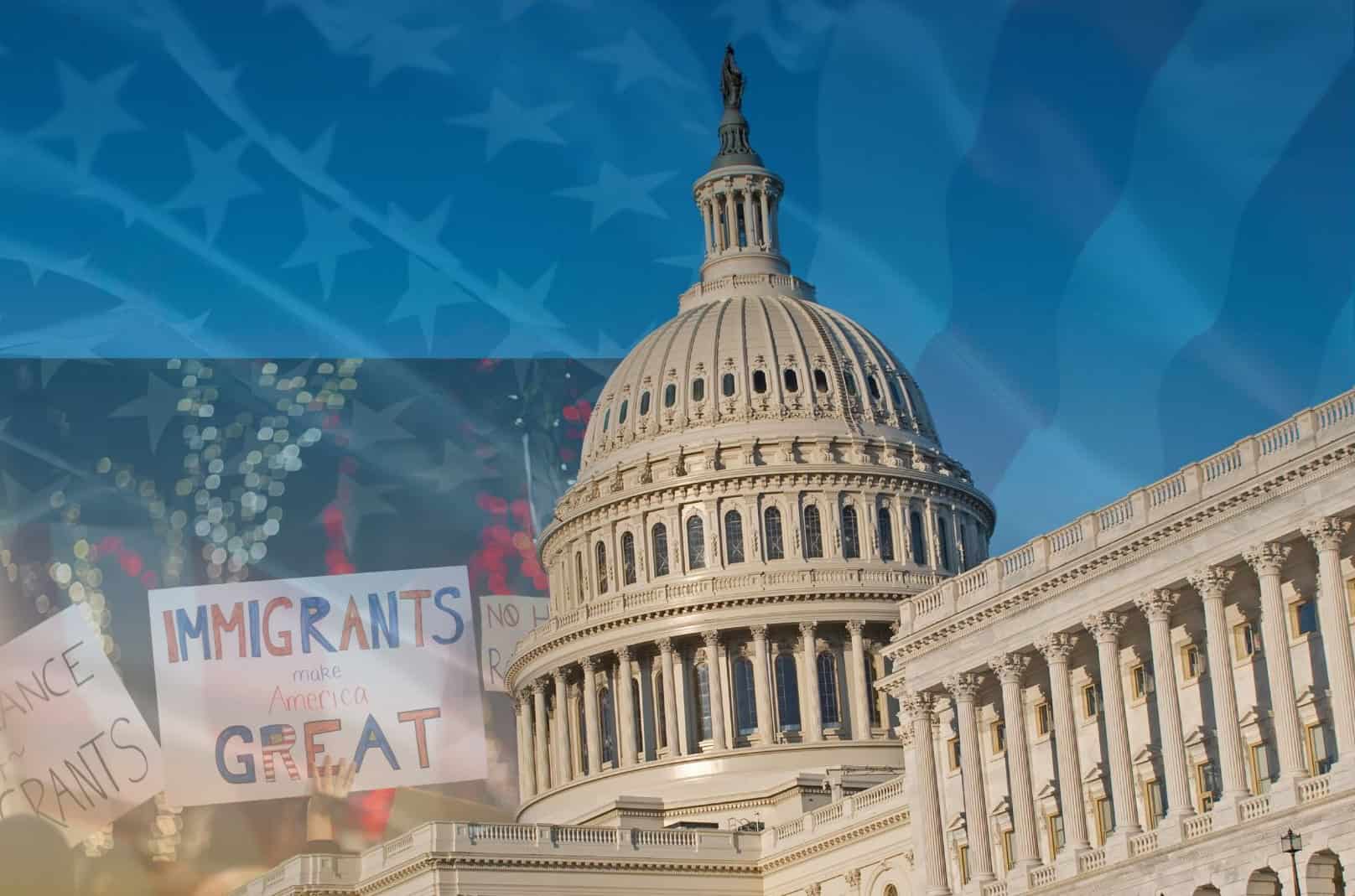 The U.S. Capitol building with protest signs supporting immigrants, immigration visa lawyers, and an American flag in the background.