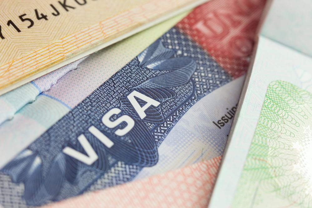 Close-up of a blue visa stamp in a passport, ideal for louisiana immigration lawyers showcasing travel documentation expertise.