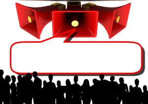 Four red megaphones with an empty speech bubble over a crowd—perfect for a deportation law firm or immigration visa lawyers promotion.