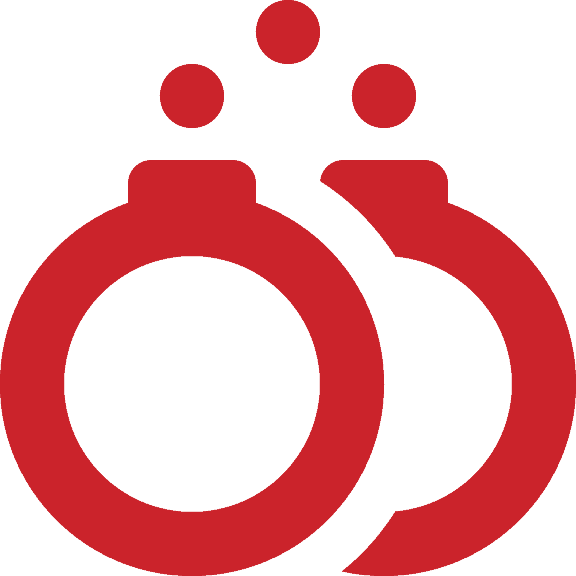 Two red overlapping ring-shaped icons with three red dots above them on a light gray background.
