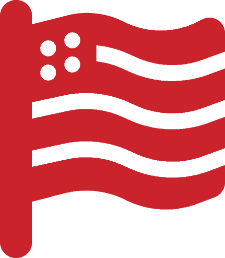 Red stylized flag icon with three wavy stripes and four dots in the upper left corner on a light gray background.